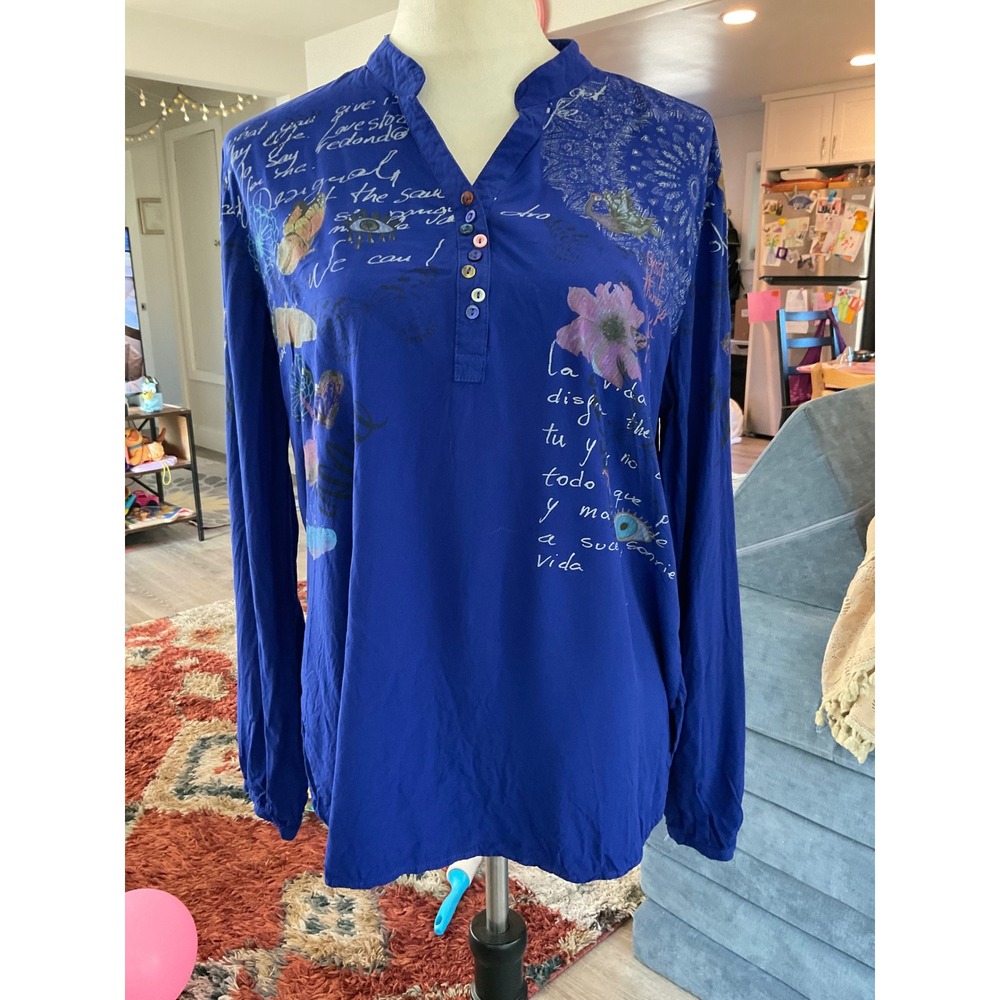 Desigual Cobalt Blue Artsy Graphic Blouse Funky Button Boho Whimsical Artsy